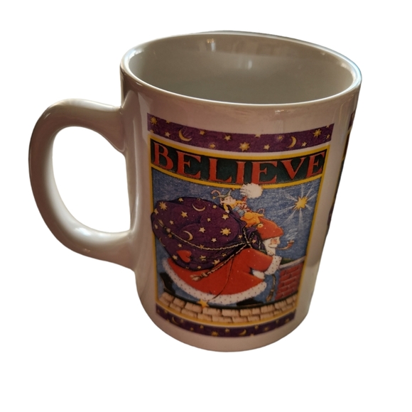 Vintage Mary Engelbreit BELIEVE Coffee Mug Santa On Roof 1993 Christmas - Picture 3 of 5